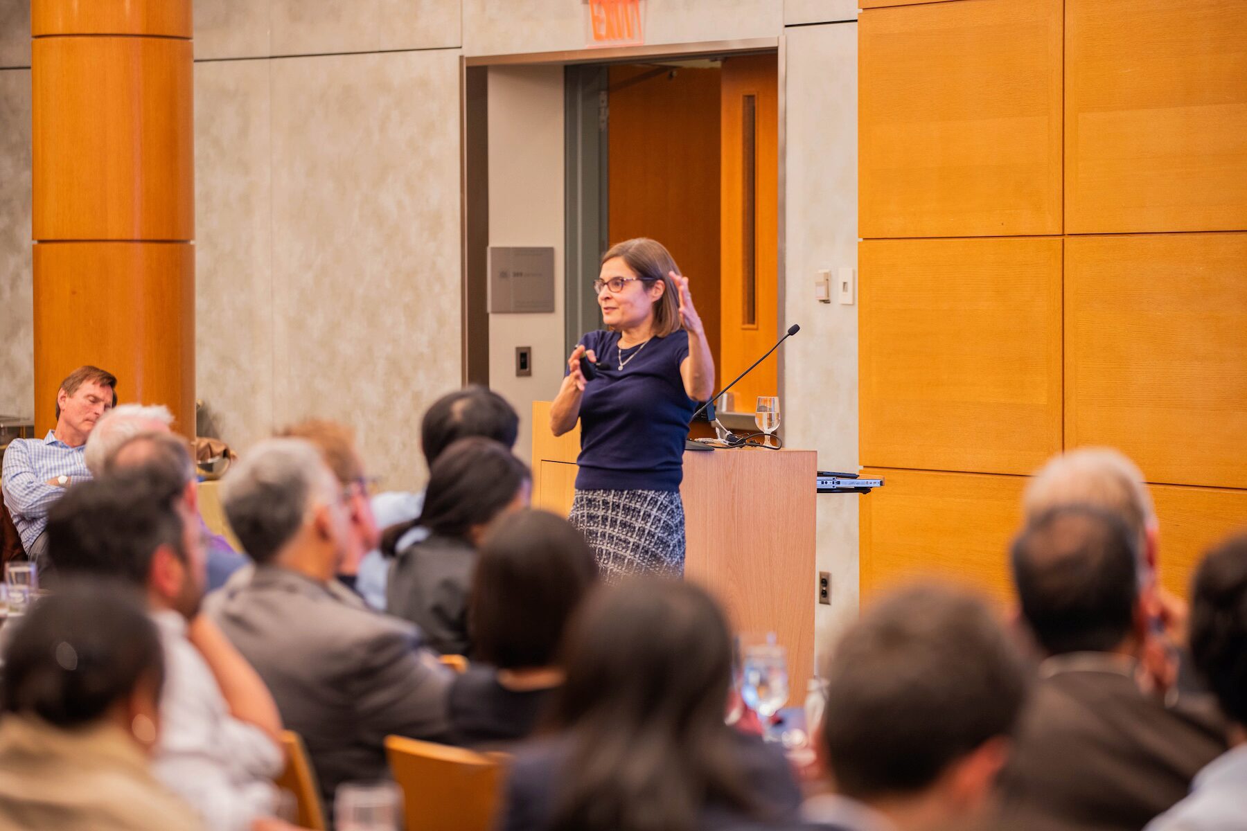 A person stands in front of an audience